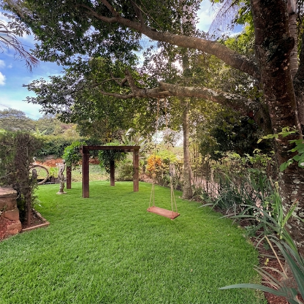 Jardim com gramado verde e balanço de madeira rústico sob a sombra de uma árvore frondosa no Recanto do Bem, Moeda, MG.