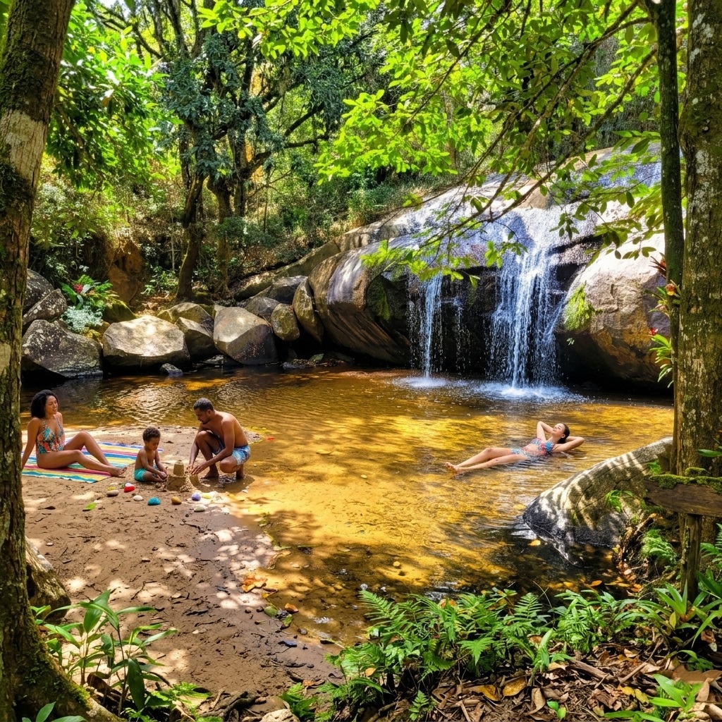 Família com criança brincando em águas rasas na Cachoeira do Azevedo, em Moeda, MG, destino ideal para hóspedes do Recanto do Bem Casa de Campo.