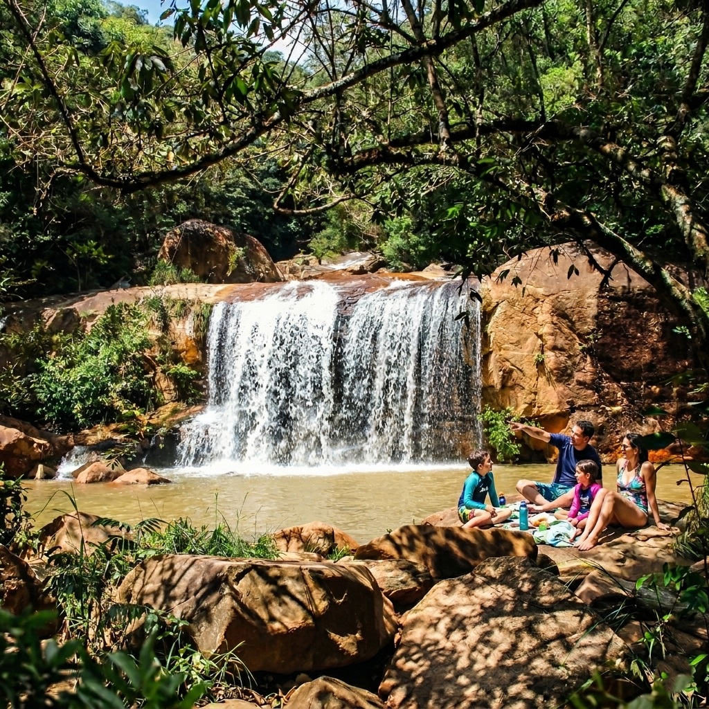 Uma família sentada em um piquenique sobre pedras planas ao lado de uma piscina natural de águas douradas, com uma cachoeira suave de duas quedas ao fundo entre rochas e mata densa sob um céu azul ensolarado.
