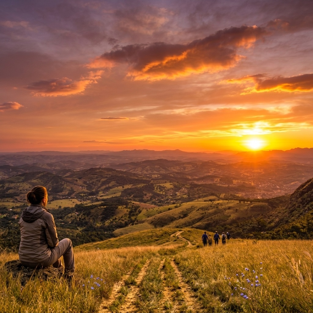 Mulher contemplando um pôr do sol alaranjado sobre as montanhas da Serra da Moeda, na trilha Grota dos Vieiras, com grupo de caminhada ao fundo, próximo ao Recanto do Bem em Moeda MG.