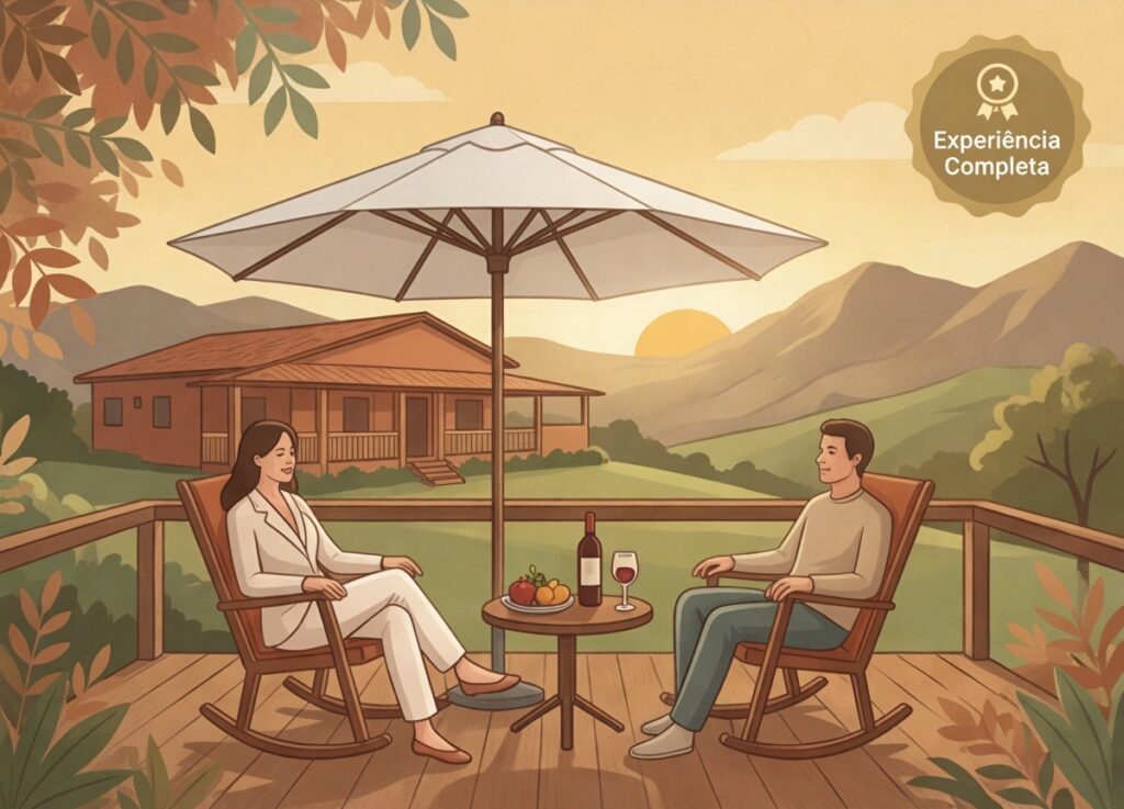 Casal relaxando em cadeiras de balanço na varanda do Recanto do Bem em Moeda MG, com vista para o pôr do sol nas montanhas – casa de campo para aluguel temporada perto de BH.