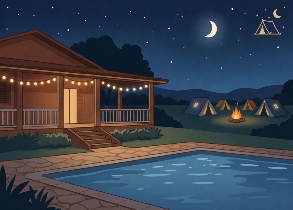 Casa de campo Recanto do Bem em Moeda MG à noite, com piscina iluminada, varanda com luzes e área de camping com fogueira e tendas – sítio para locação de temporada para famílias e grupos de amigos perto de Belo Horizonte.