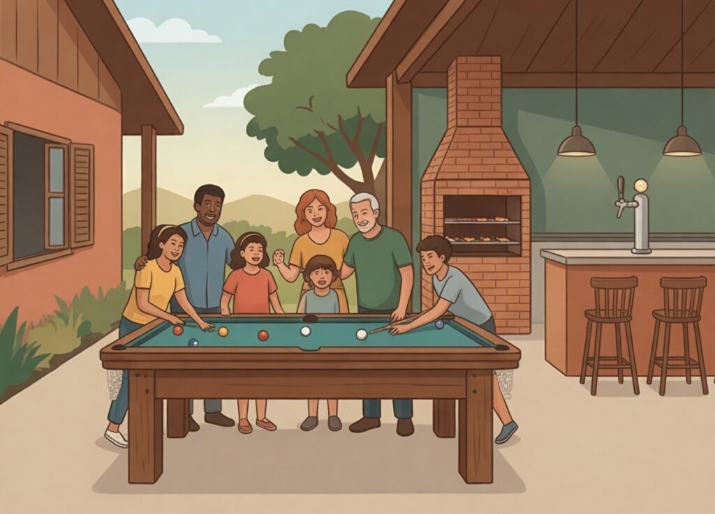 Família multigeracional se divertindo na mesa de sinuca na área de lazer externa do Recanto do Bem em Moeda MG, com churrasqueira e espaço gourmet – sítio para aluguel de temporada para grupos