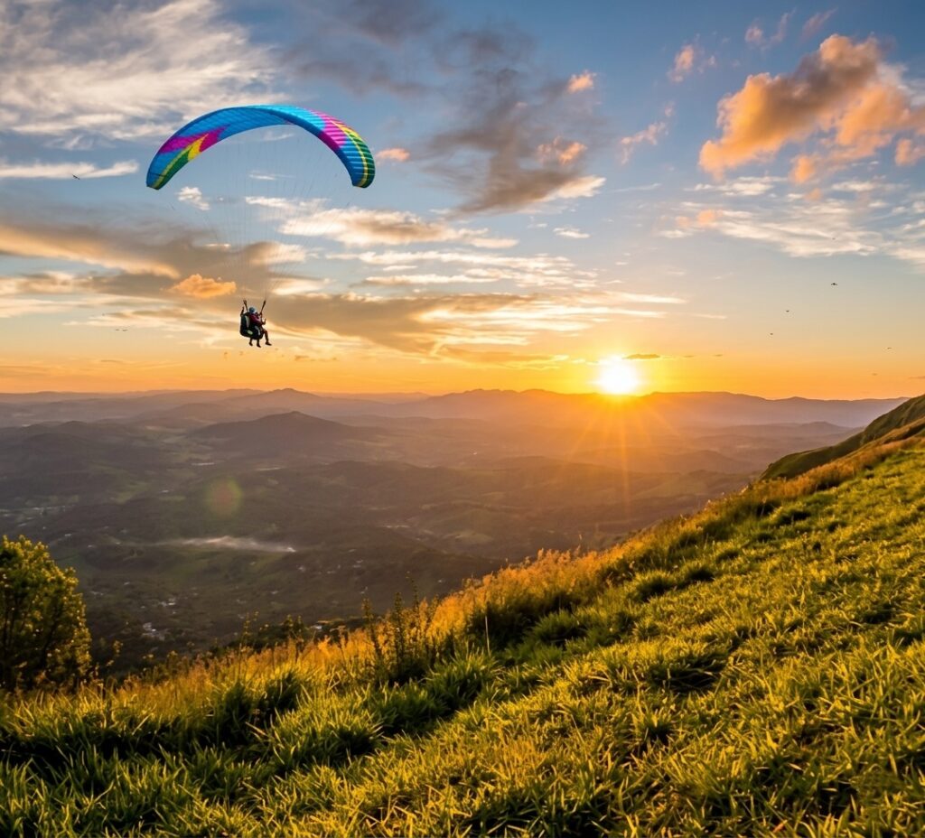 Parapente azul e rosa voando sobre o vale da Serra da Moeda em Minas Gerais, durante um pôr do sol dourado visto do alto da montanha com vegetação rasteira em destaque