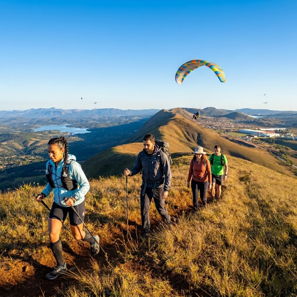 Grupo de trilheiros caminhando pela crista da montanha na Trilha do Boi Preto, Serra da Moeda, com visão panorâmica do vale e um parapente colorido no céu azul ensolarado.