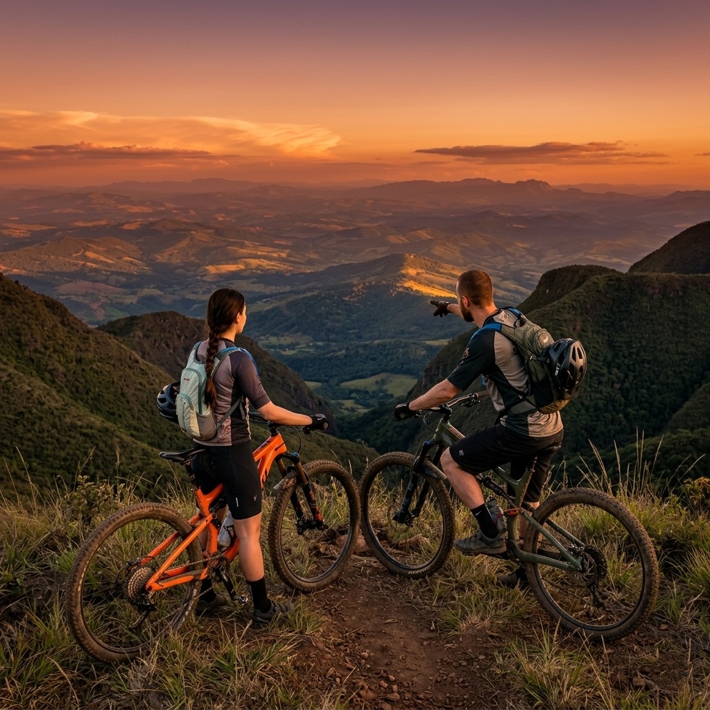 Casal de ciclistas de mountain bike para em cume de montanha na Serra da Moeda, Minas Gerais, observando o pôr do sol dourado sobre vales ondulantes na rota MTB Moeda - Belo Vale.