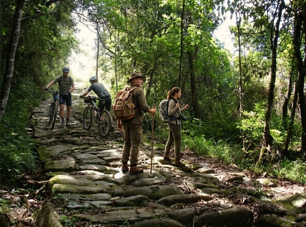 Ciclistas e caminhantes em uma trilha de pedras antigas, em meio a uma floresta densa e verde. Um homem com chapéu e mochila de couro usa um bastão de caminhada à frente, enquanto dois ciclistas com bicicletas de montanha e capacetes seguem atrás. Uma mulher com mochila e câmera fotográfica está ao lado do líder.