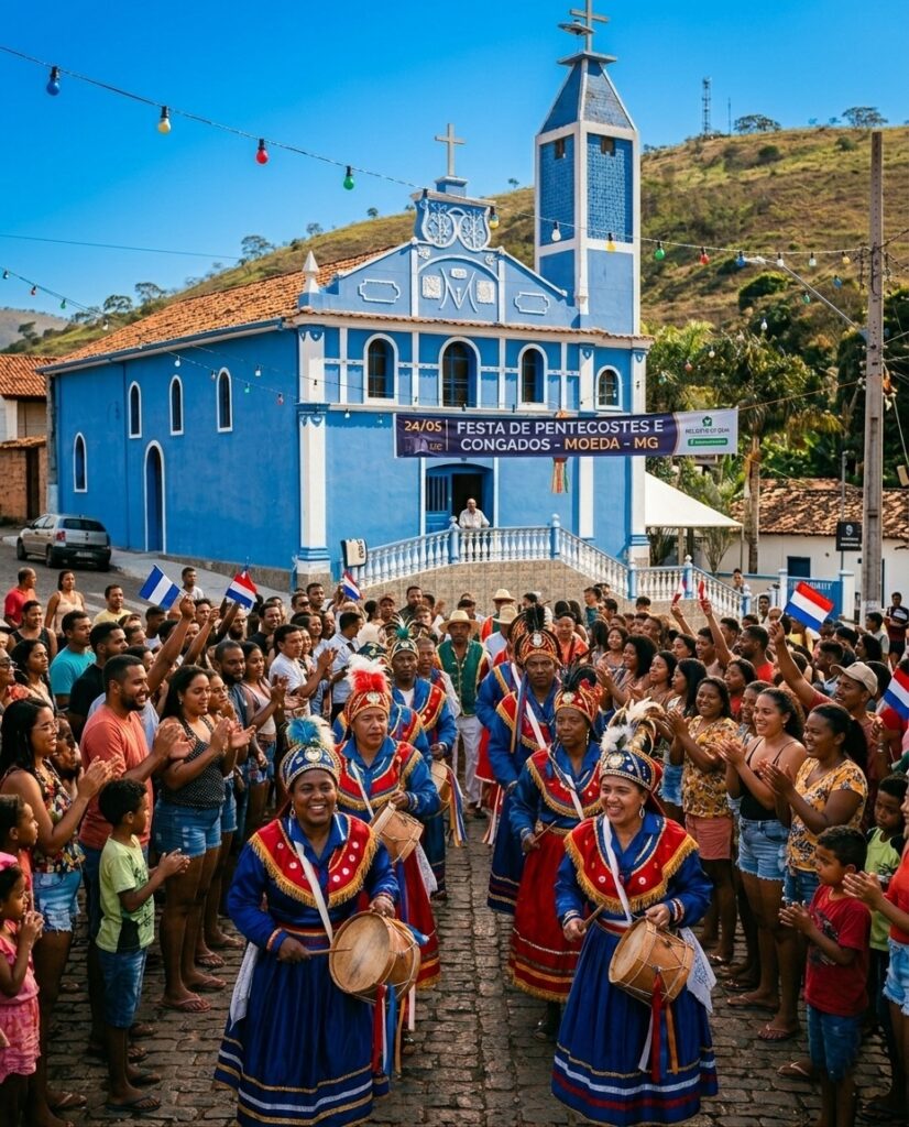 Grupo de Congado com vestimentas tradicionais azuis e vermelhas tocando tambores em cortejo em frente à Igreja Matriz azul de Moeda, Minas Gerais, durante a Festa de Pentecostes.