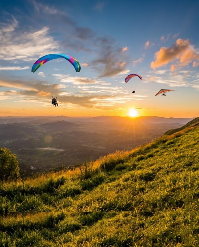 Parapentes e asas-deltas coloridos sobrevoando o vale da Serra da Moeda sob um céu azul de outono.